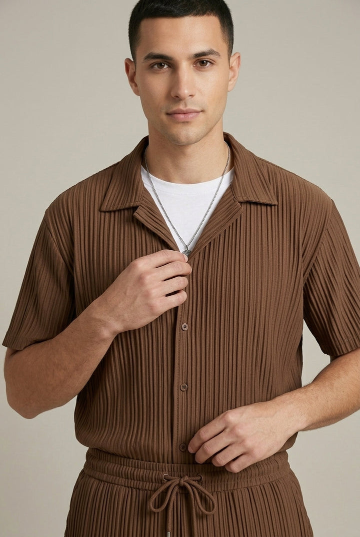 Men's Striped Texture Shirt and Drawstring Trousers Set