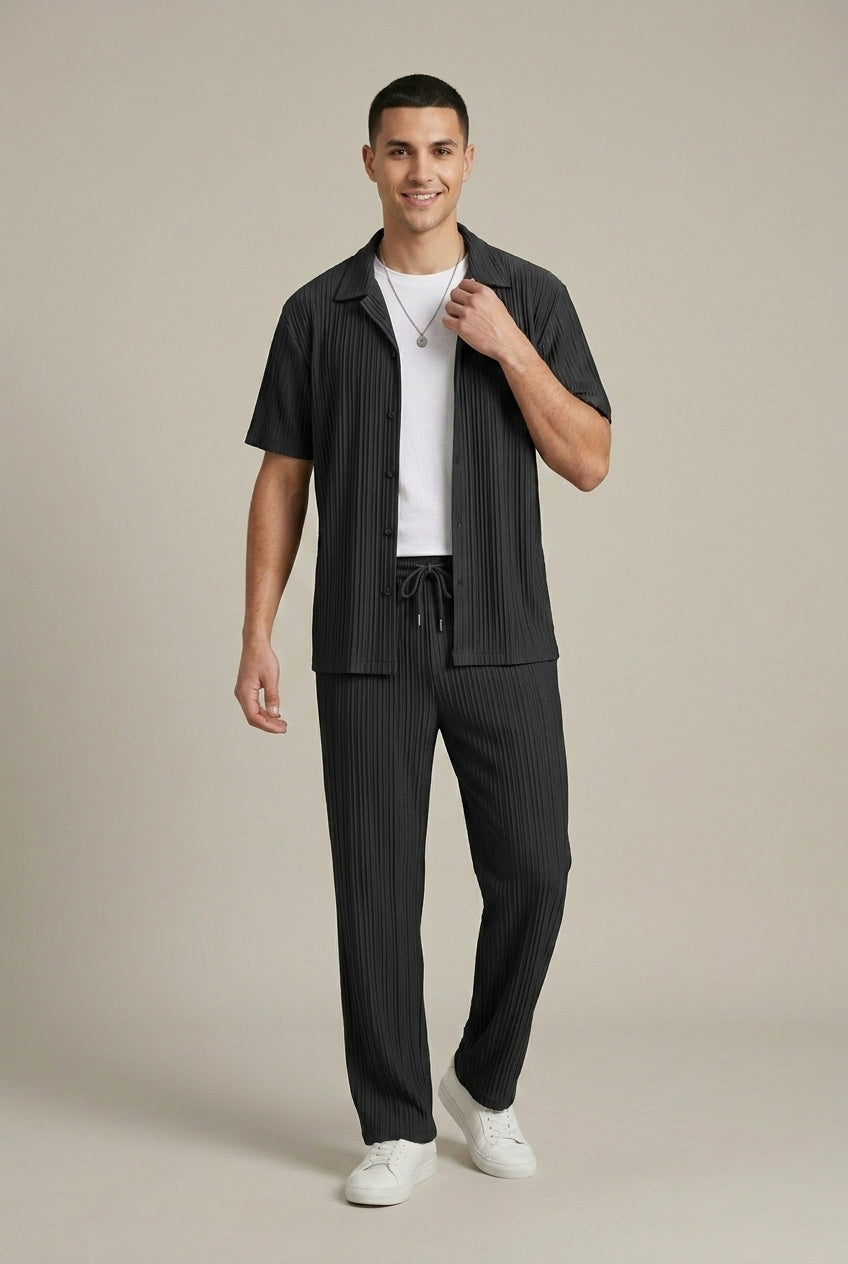 Men's Striped Texture Shirt and Drawstring Trousers Set