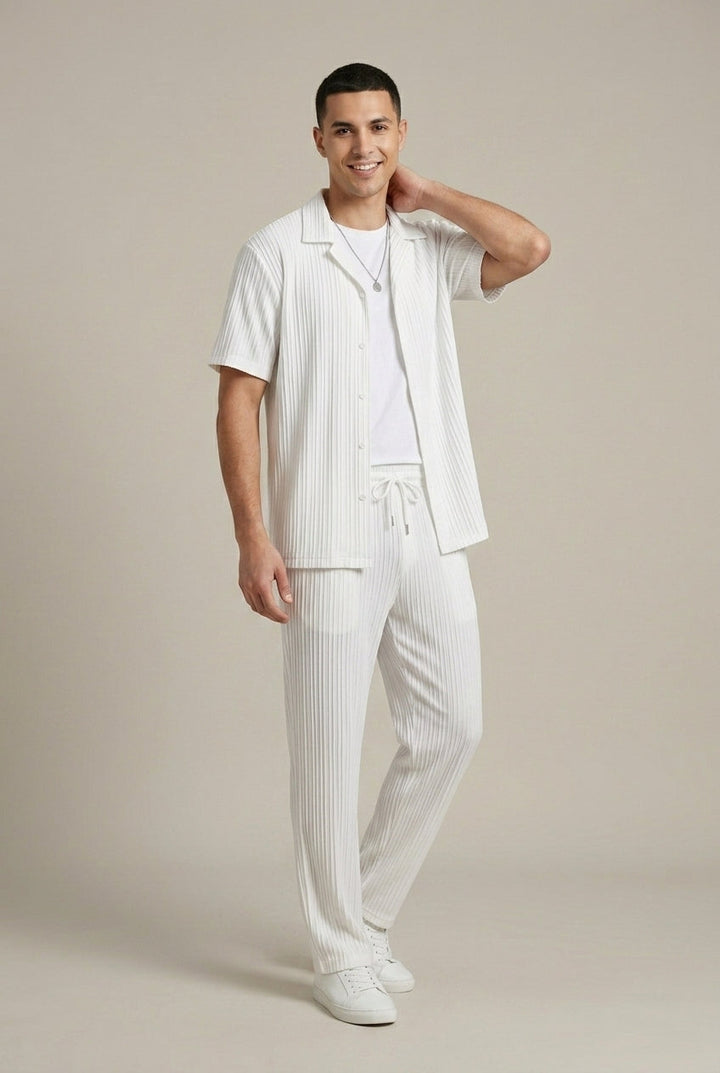 Men's Striped Texture Shirt and Drawstring Trousers Set