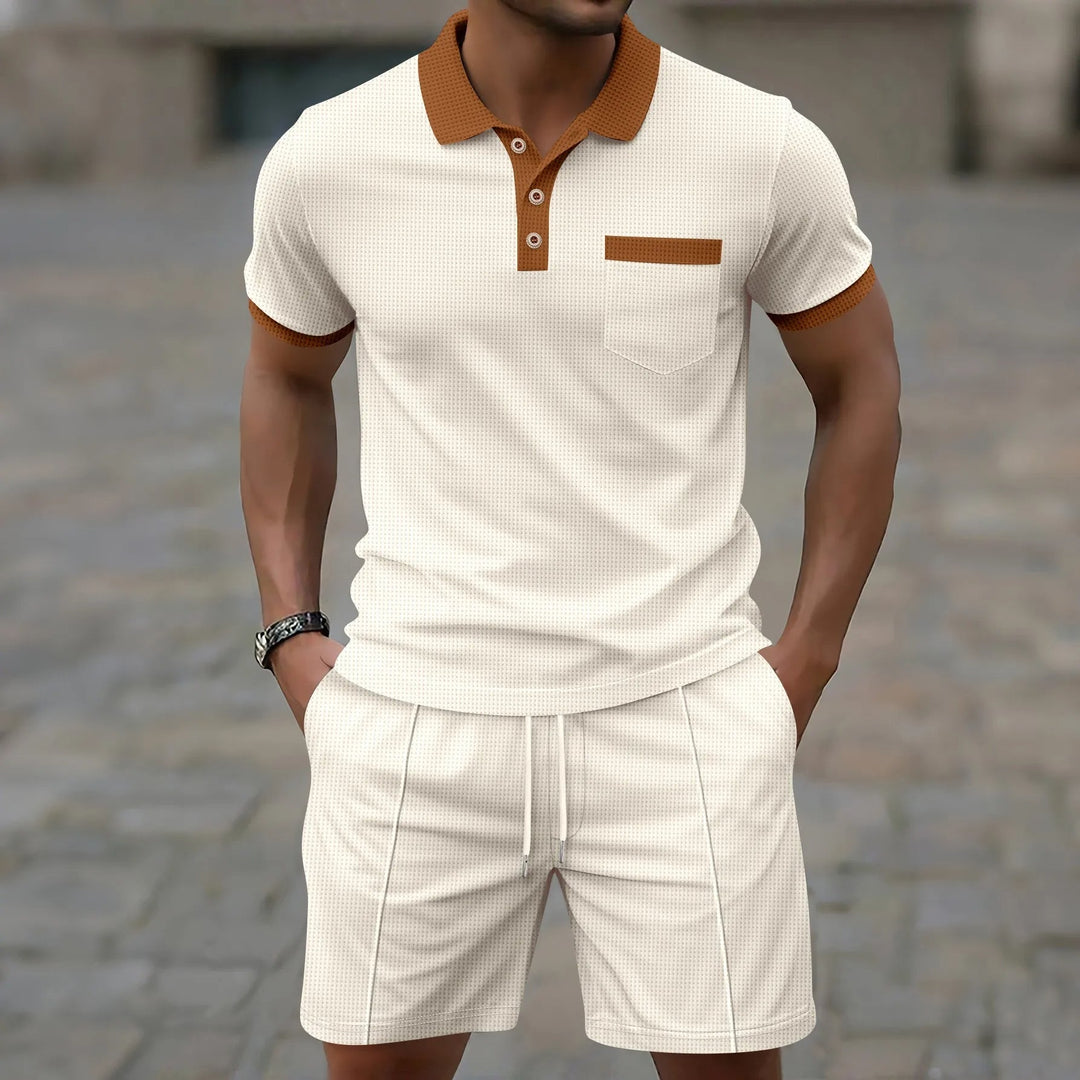 Men's Waffle Texture Contrast Trim Polo and Shorts Set