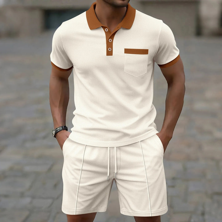 Men's Waffle Texture Contrast Trim Polo and Shorts Set