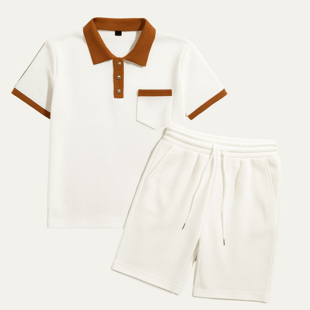 Men's Waffle Texture Contrast Trim Polo and Shorts Set