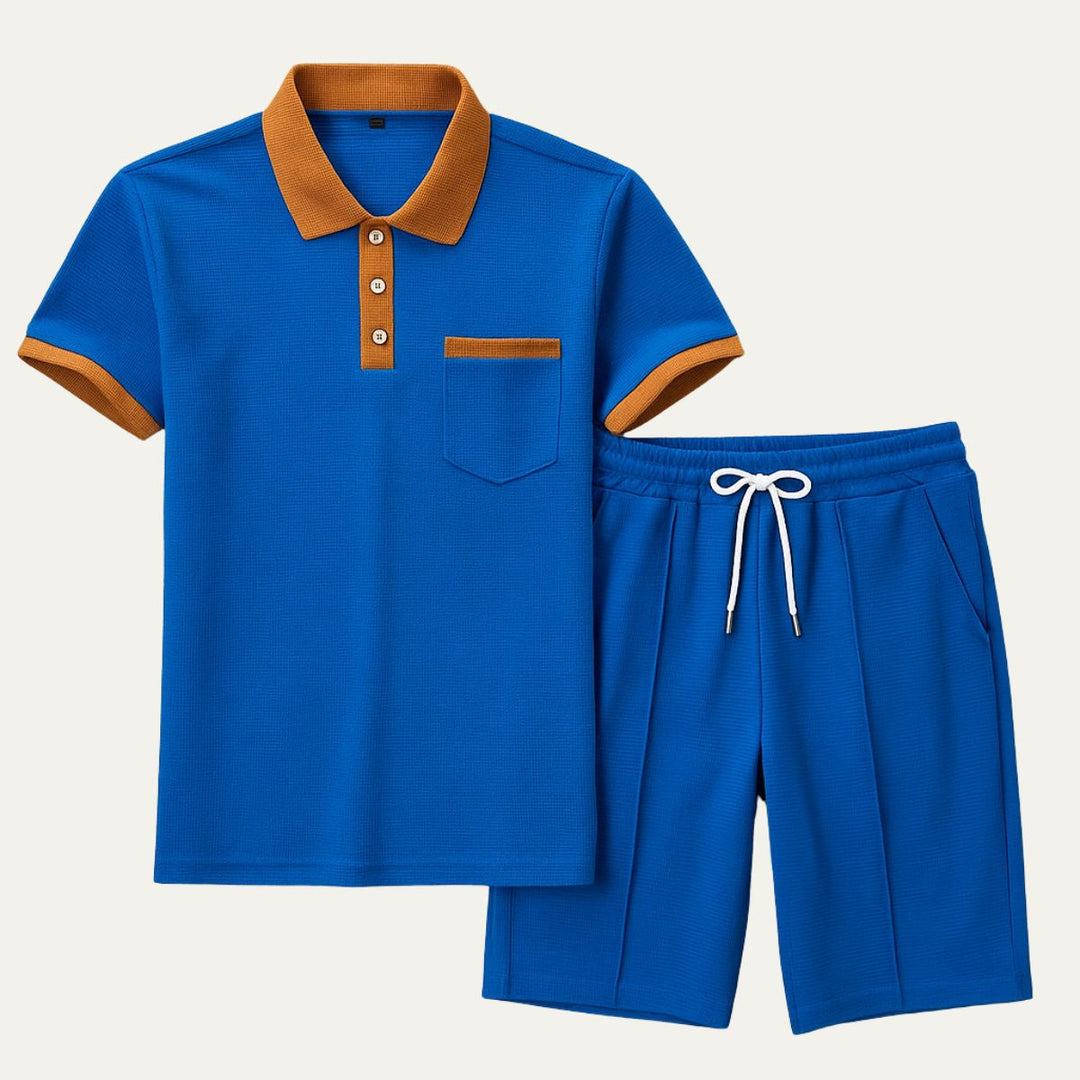 Men's Waffle Texture Contrast Trim Polo and Shorts Set