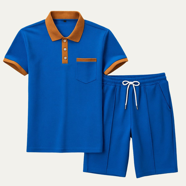 Men's Waffle Texture Contrast Trim Polo and Shorts Set