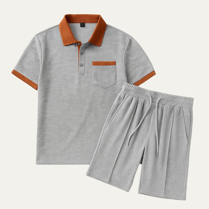 Men's Waffle Texture Contrast Trim Polo and Shorts Set
