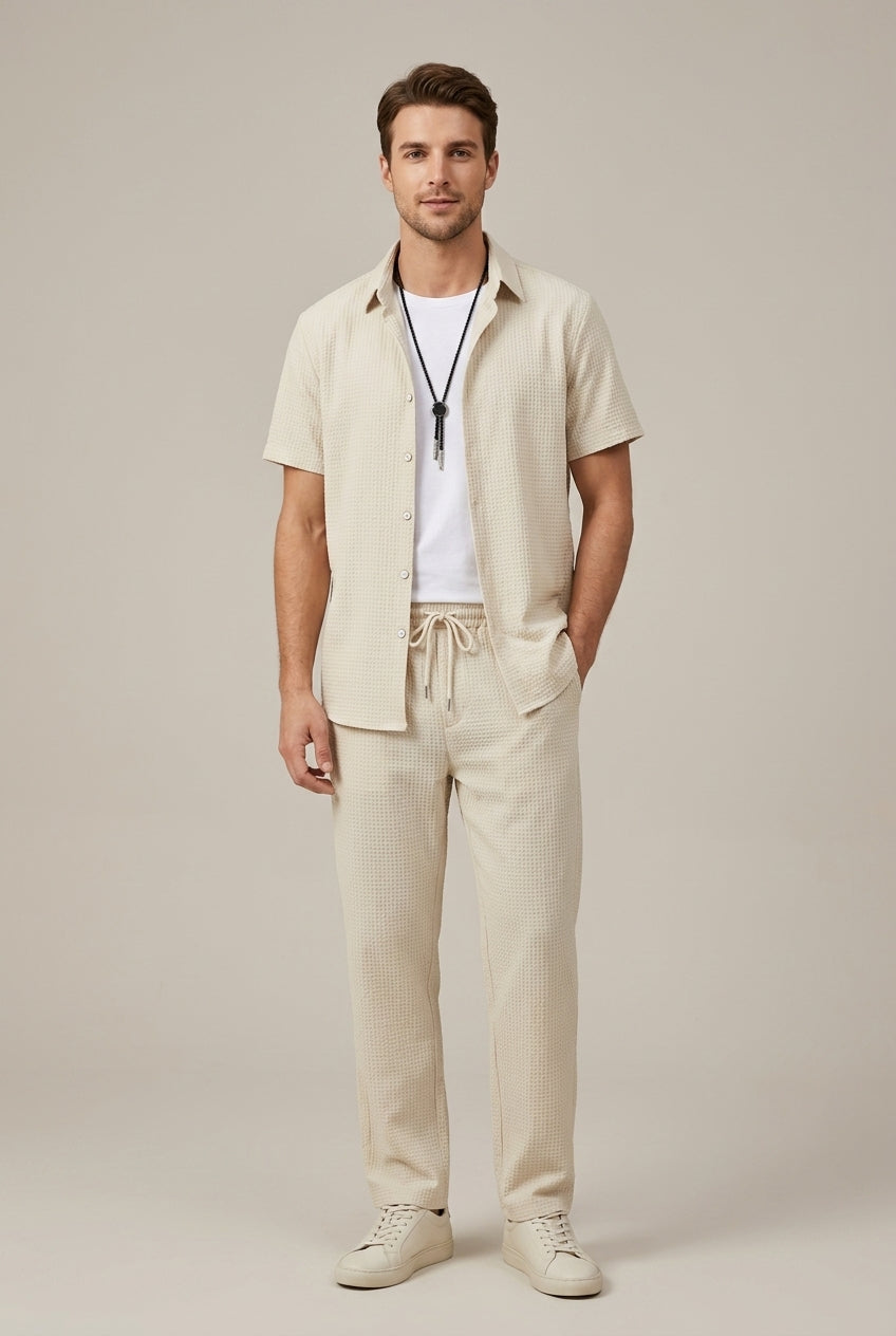 Men's Waffle Texture Shirt and Tailored Trousers Set