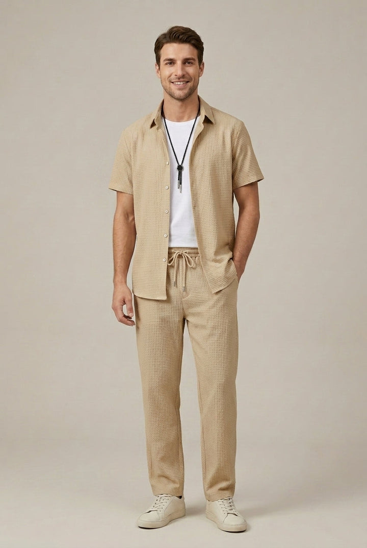 Men's Waffle Texture Shirt and Tailored Trousers Set