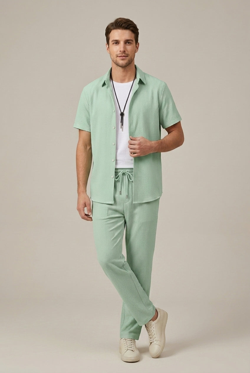 Men's Waffle Texture Shirt and Tailored Trousers Set