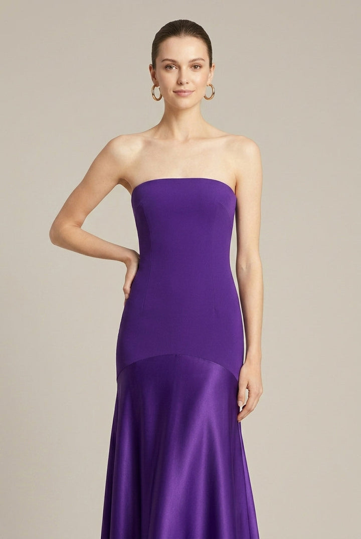Women's Purple Strapless Drop Waist Satin Maxi Dress - Evening Gown