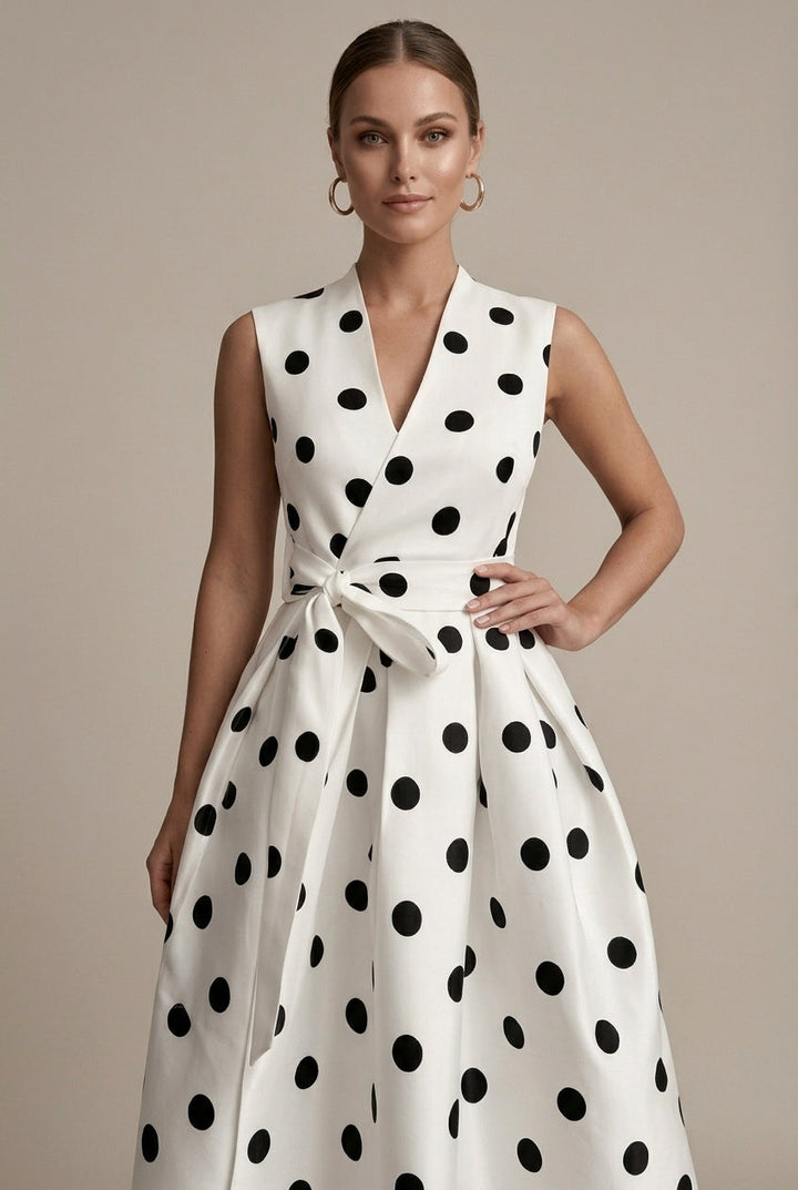 Women's Polka Dot V-Neck Sleeveless Tie Waist Midi Dress