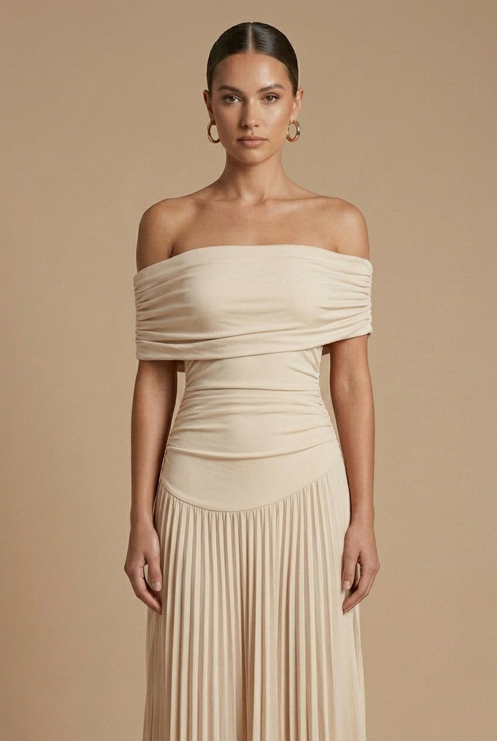 Women's Pleated Maxi Dress - Off Shoulder Wedding Guest Style