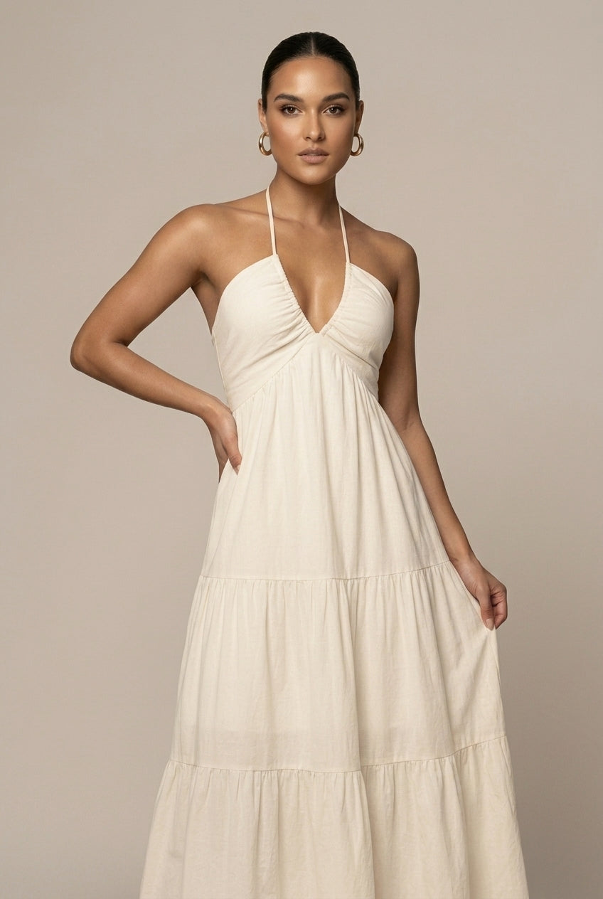Women's Flowy Halter Neck Maxi Dress - Tiered Ruffle Open Back
