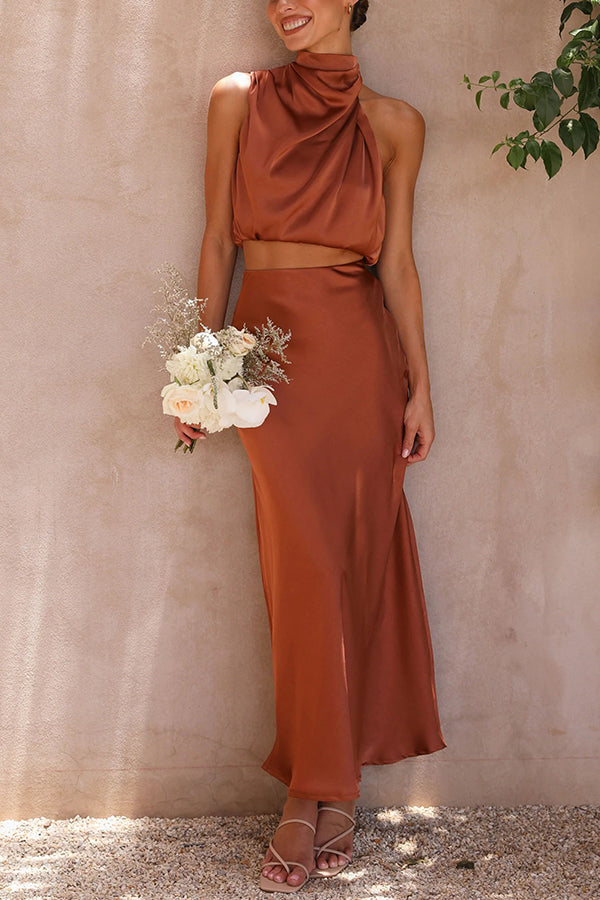 Women's Satin Two Piece Set - Halter Neck Crop Top and Draped Maxi Skirt