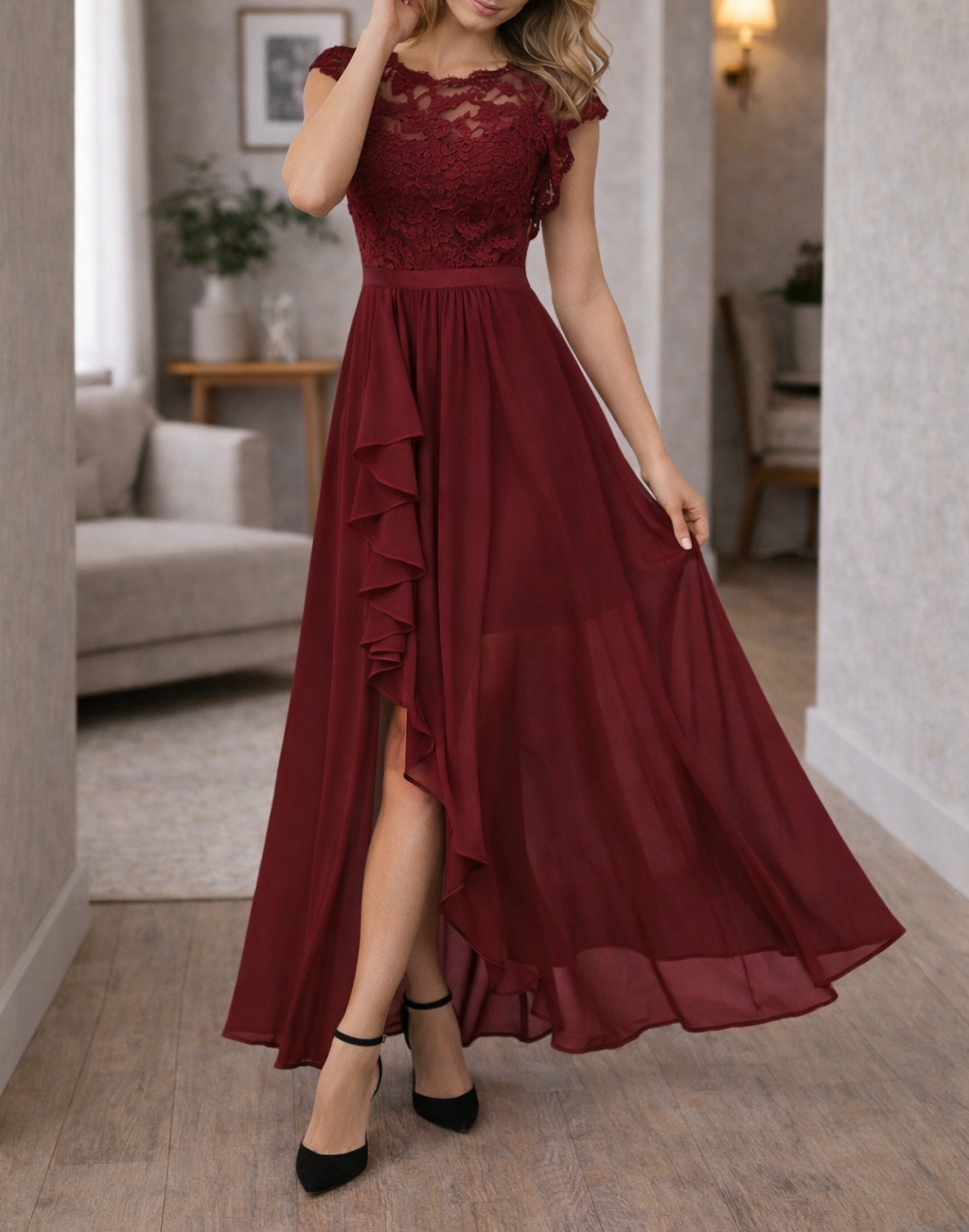Women's Lace Bodice Sleeveless A-Line Maxi Dress - Ruffle Hem