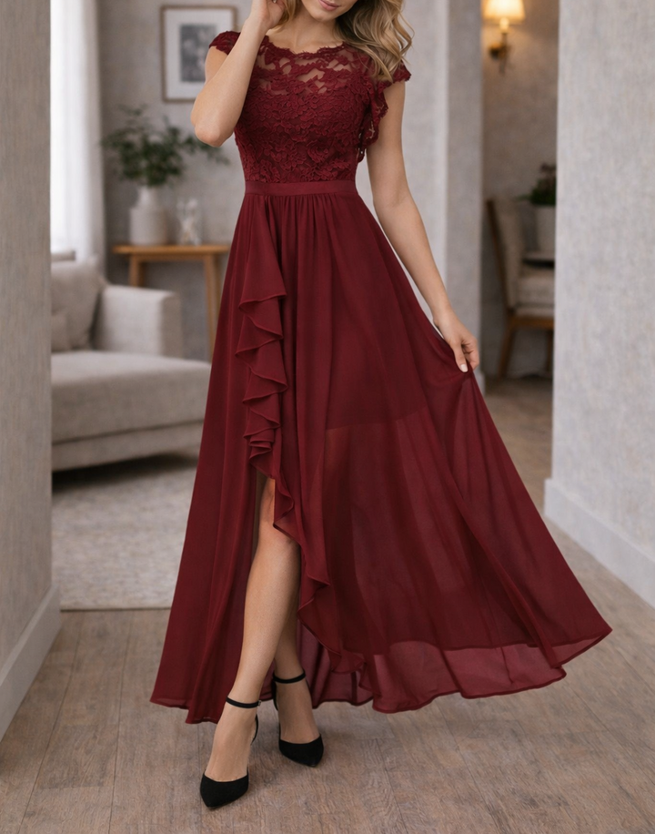 Women's Lace Bodice Sleeveless A-Line Maxi Dress - Ruffle Hem