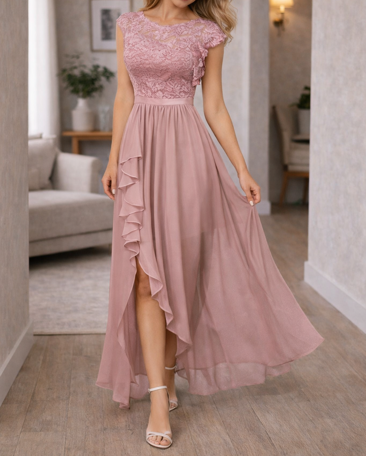 Women's Lace Bodice Sleeveless A-Line Maxi Dress - Ruffle Hem