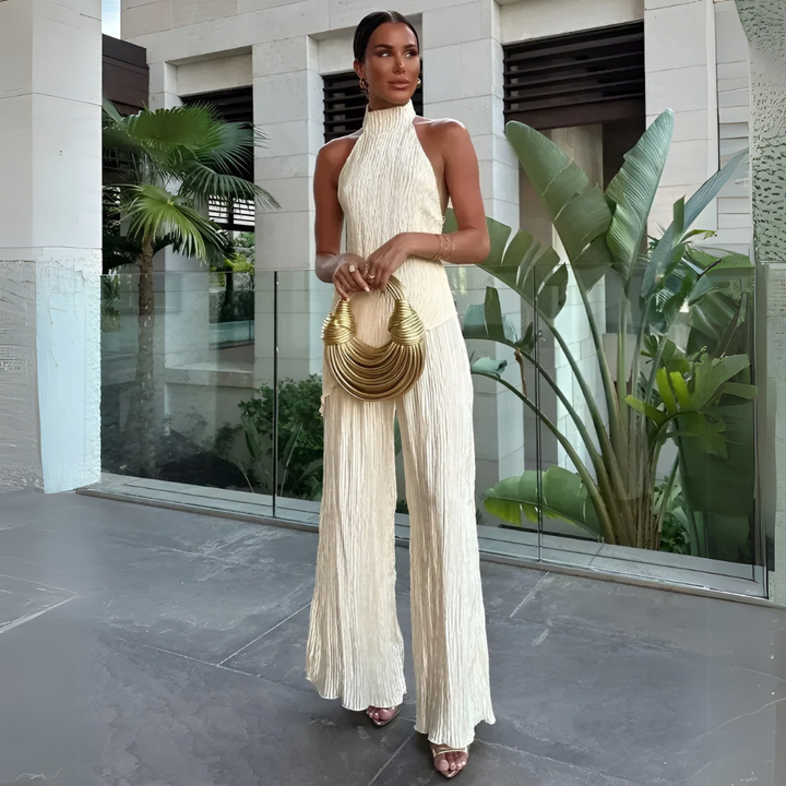 Women's Two Piece Set - Halter Neck Open Back Top - Wide Leg Trousers - Crinkle Texture - Going Out Sets