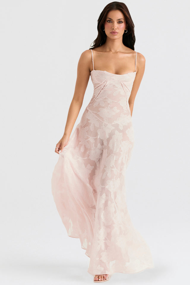 Women's Floral Maxi Dress - Spaghetti Strap - Sweetheart Neck - Corset Bodice - Floor Length Wedding Guest Dress