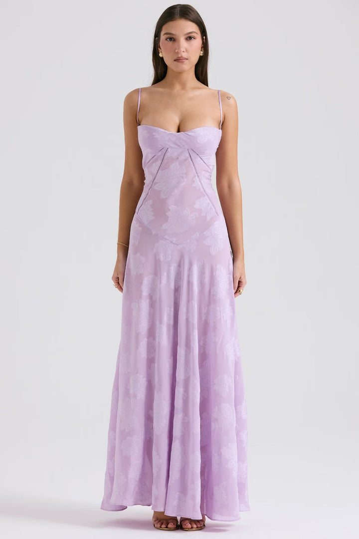 Women's Floral Maxi Dress - Spaghetti Strap - Sweetheart Neck - Corset Bodice - Floor Length Wedding Guest Dress