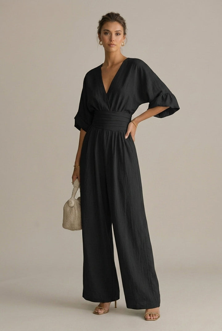 Women's V-Neck Wrap Front Wide Leg Jumpsuit - Three Quarter Sleeve