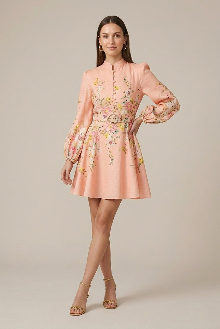 Women's Floral Print Mini Dress - Long Puff Sleeves - Ruched Bust