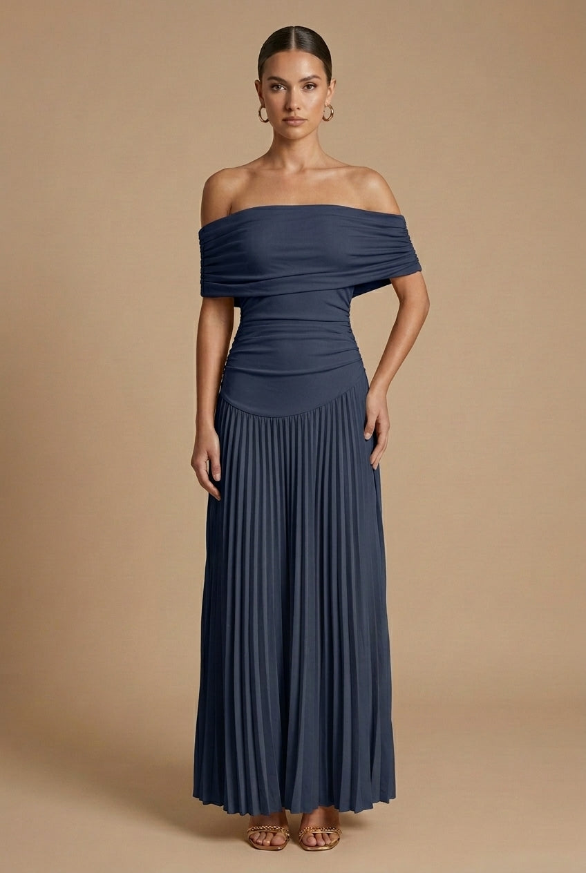 Women's Pleated Maxi Dress - Off Shoulder Wedding Guest Style
