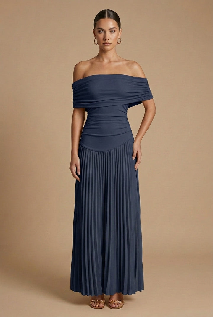 Women's Pleated Maxi Dress - Off Shoulder Wedding Guest Style
