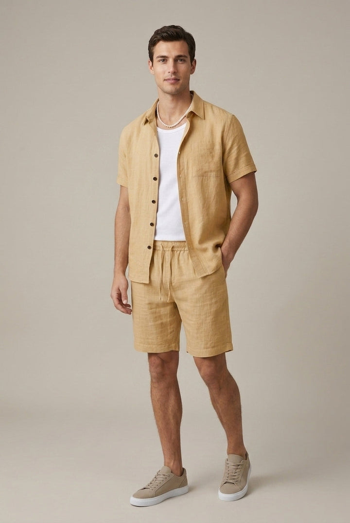 Men's Short Sleeve Linen Blend Shirt - Drawstring Shorts Two-Piece Set