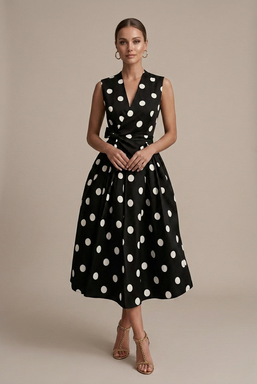 Women's Polka Dot V-Neck Sleeveless Tie Waist Midi Dress