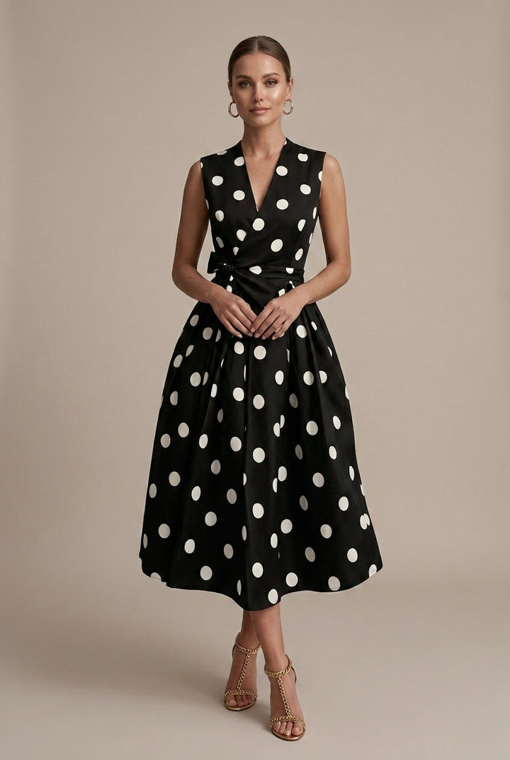 Women's Polka Dot V-Neck Sleeveless Tie Waist Midi Dress
