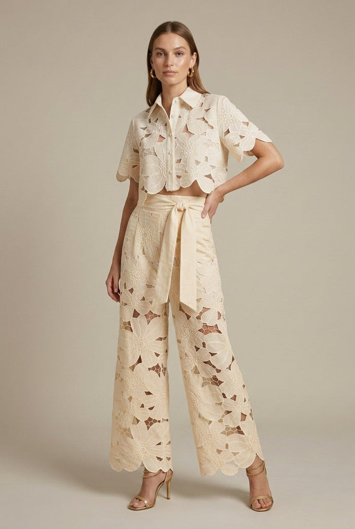 Women's Elegant Lace Two Piece Set - Cape Overlay Crop Top and Wide-Leg Trousers
