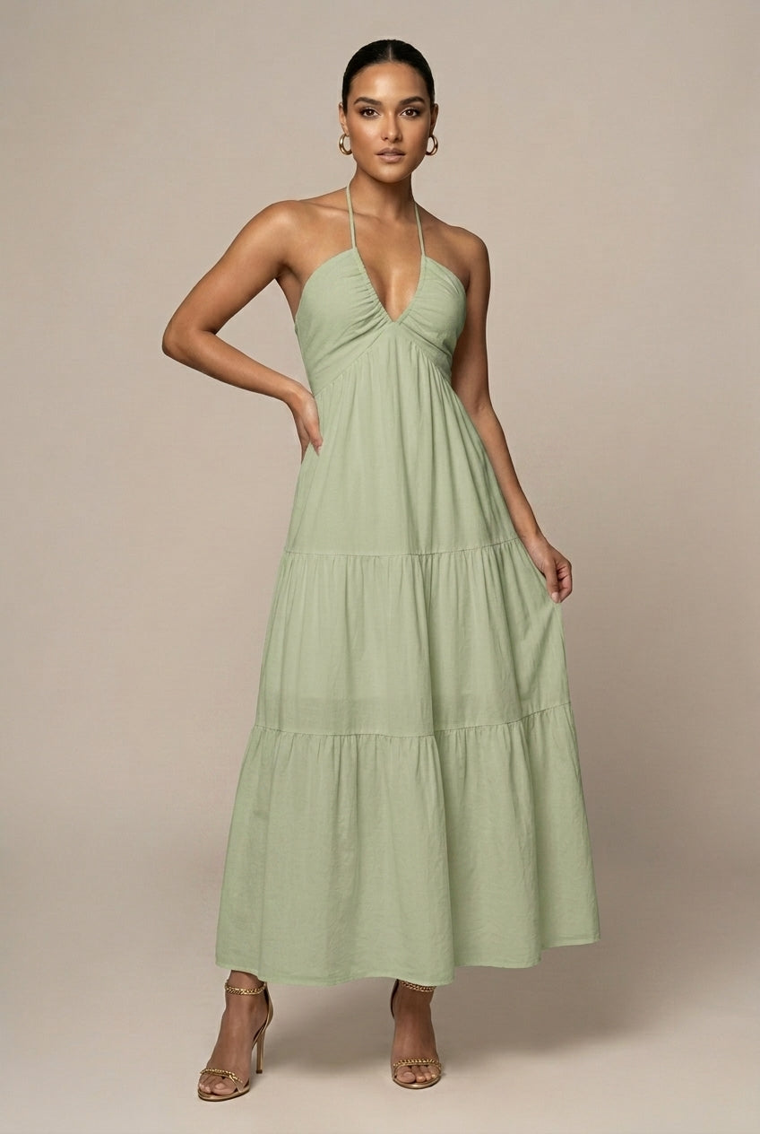 Women's Flowy Halter Neck Maxi Dress - Tiered Ruffle Open Back