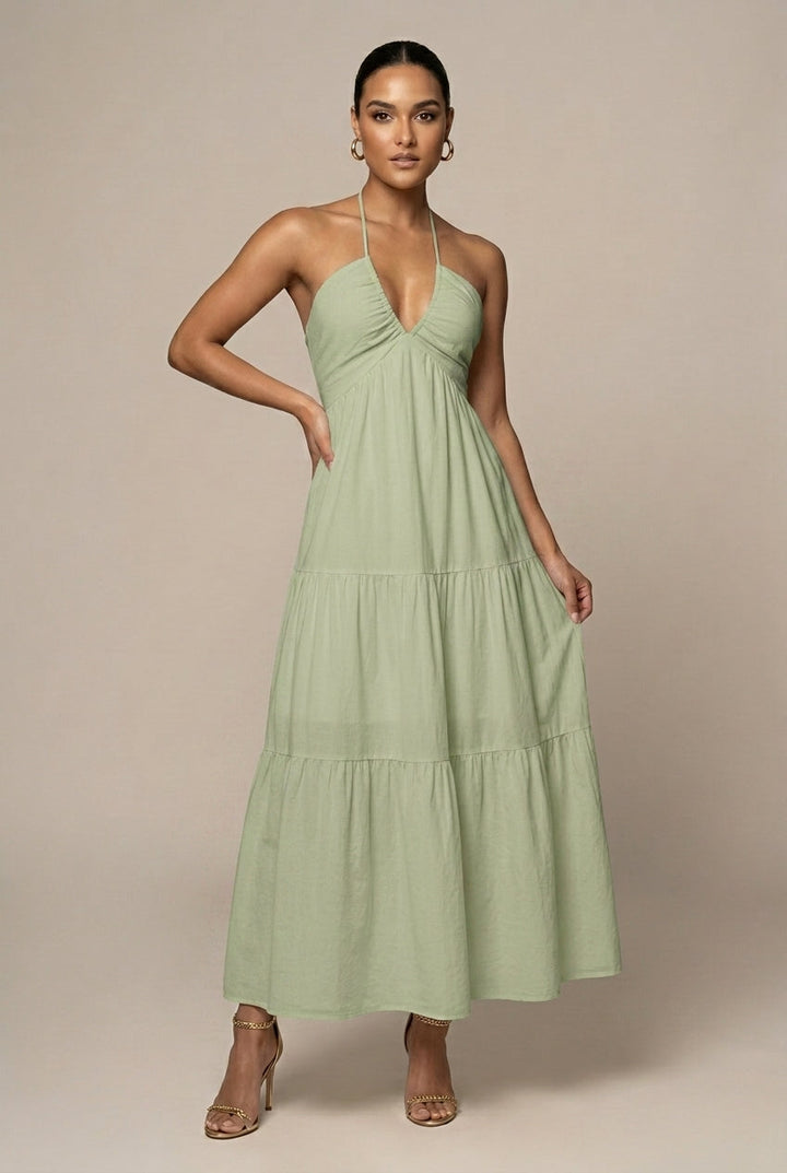 Women's Flowy Halter Neck Maxi Dress - Tiered Ruffle Open Back