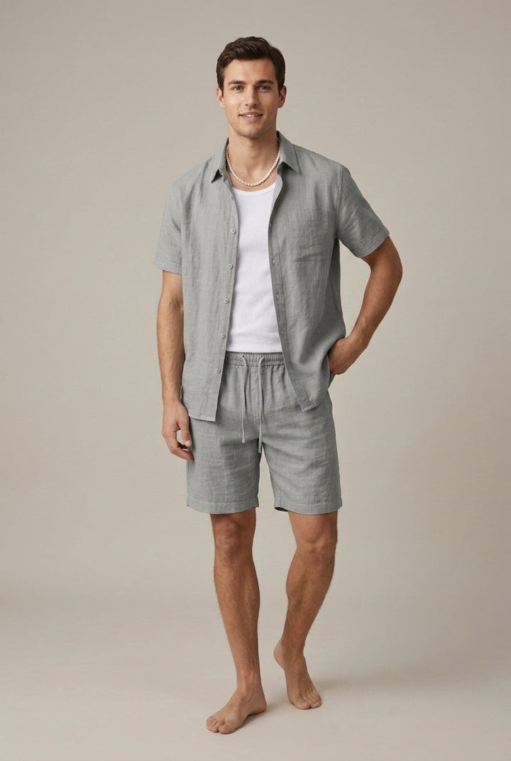 Men's Short Sleeve Linen Blend Shirt - Drawstring Shorts Two-Piece Set