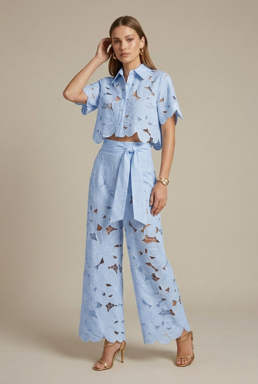 Women's Elegant Lace Two Piece Set - Cape Overlay Crop Top and Wide-Leg Trousers