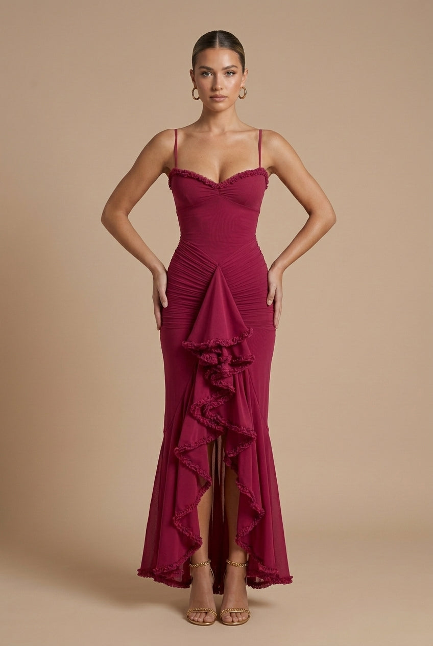 Women's Ruched Spaghetti Strap Maxi Dress - Ruffle Trim Detail