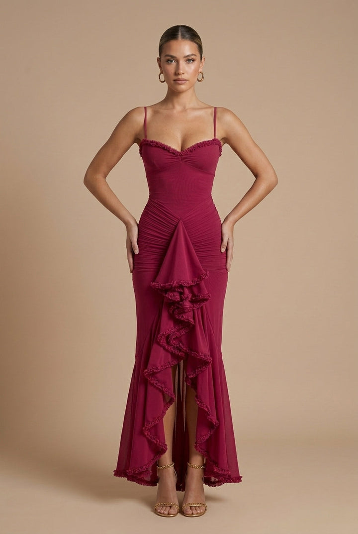 Women's Ruched Spaghetti Strap Maxi Dress - Ruffle Trim Detail