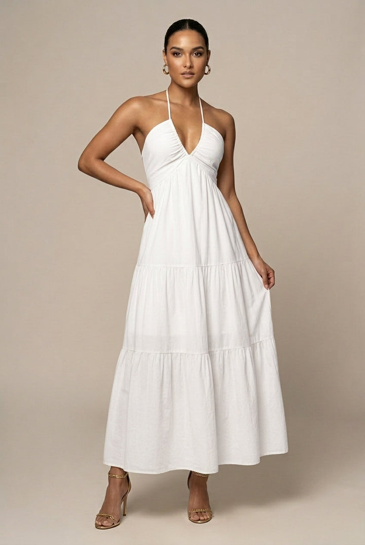 Women's Flowy Halter Neck Maxi Dress - Tiered Ruffle Open Back