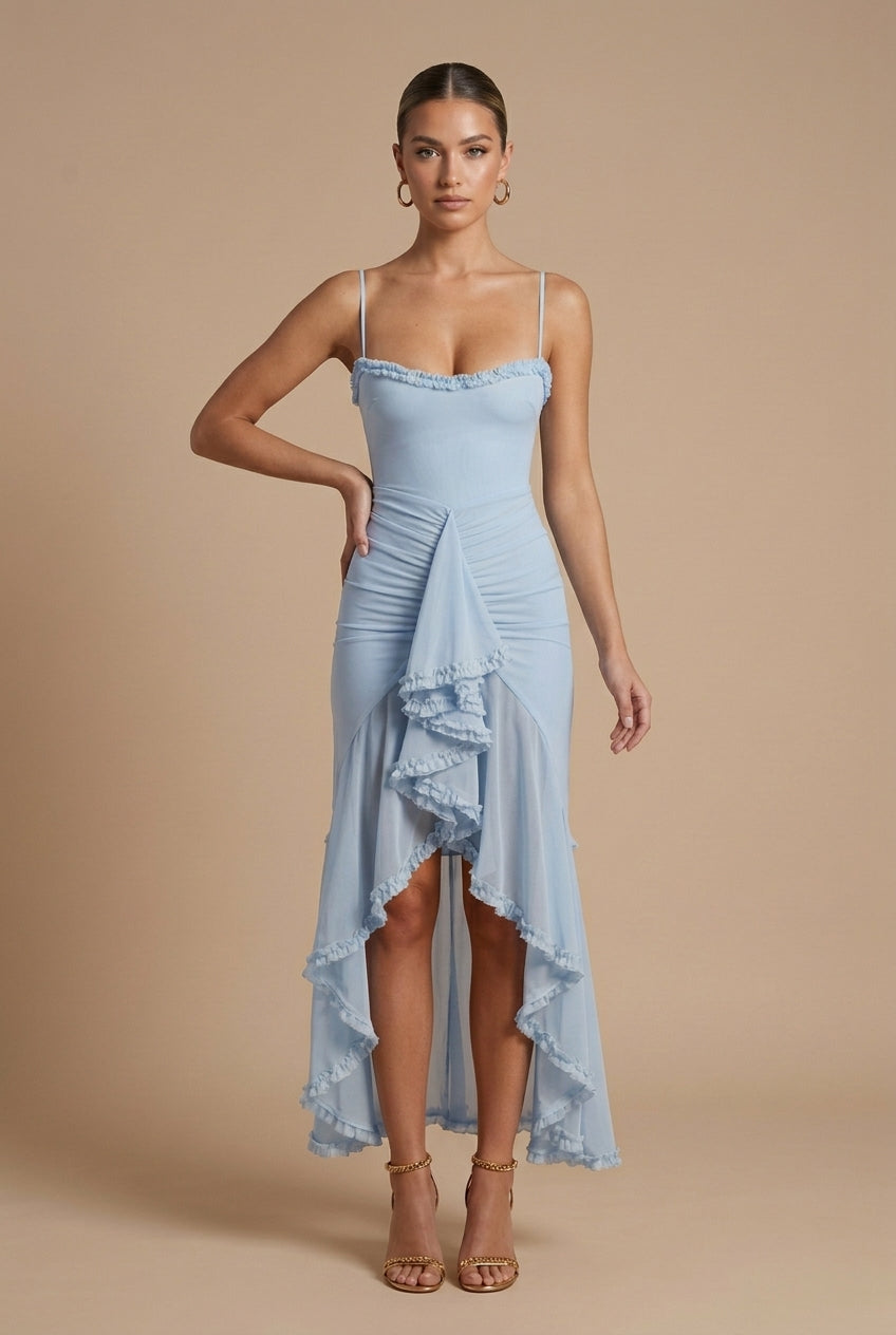 Women's Ruched Spaghetti Strap Maxi Dress - Ruffle Trim Detail