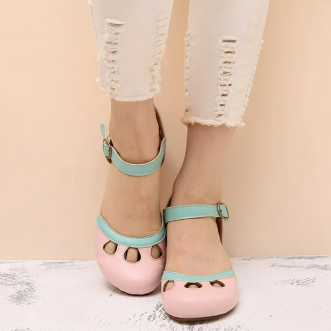 Women’s Blue Mary Jane Heels – Green Strap Low Block Heel Pumps for Casual Party Dress Wear