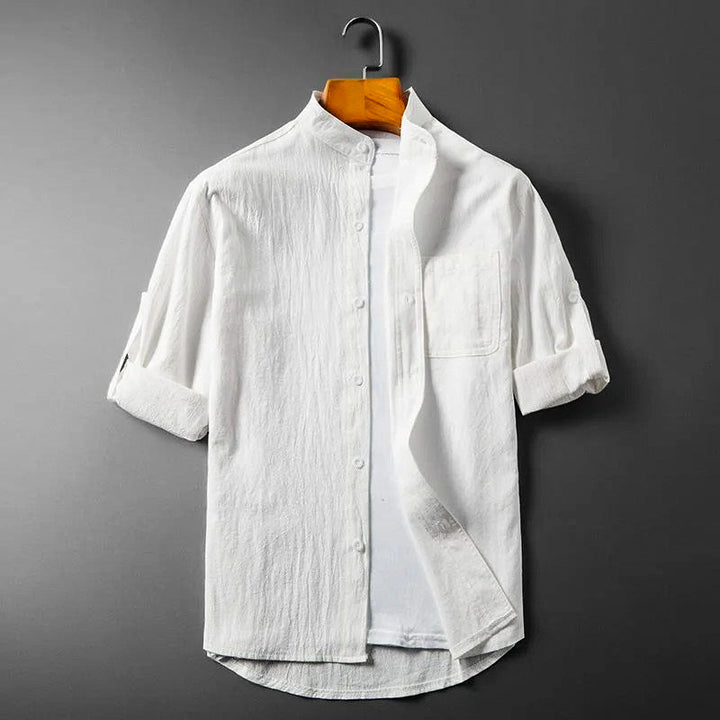 Men's Long-Sleeve Linen Blend Shirt - Band Collar Button-Down Chest Pocket Casual Style