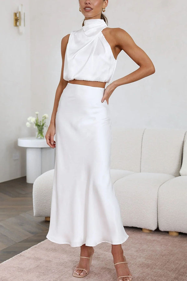 Women's Satin Two Piece Set - Halter Neck Crop Top and Draped Maxi Skirt