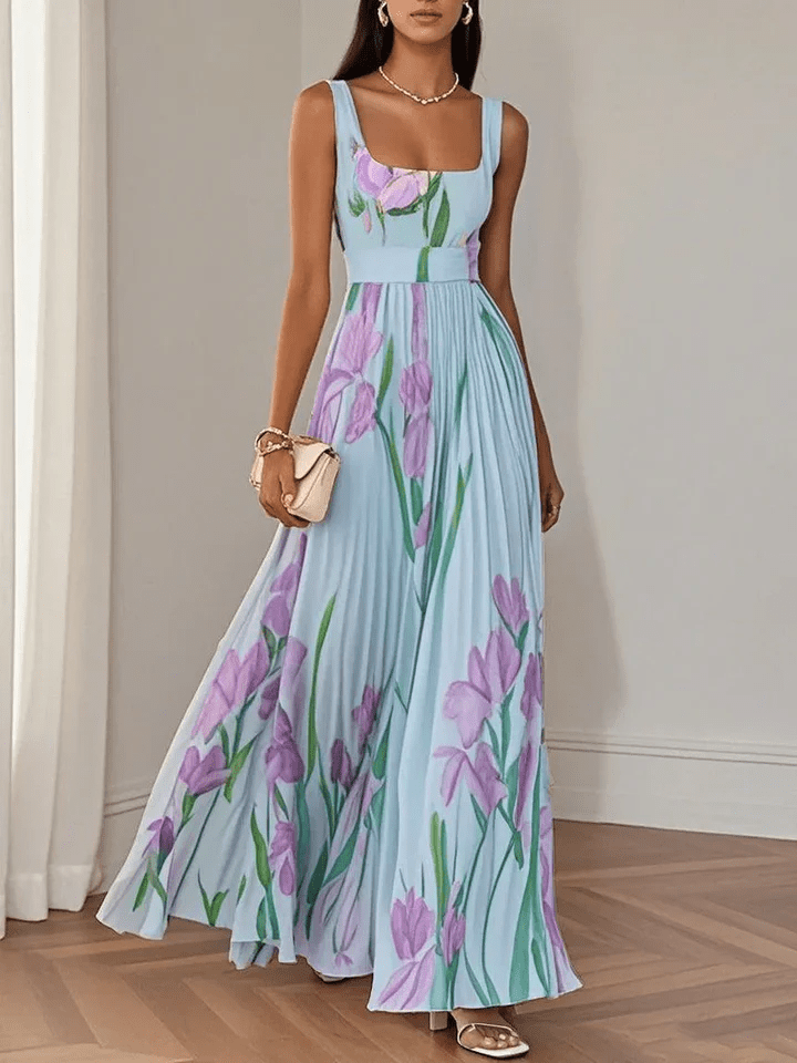 Women's Floral Print Square Neck Sleeveless Pleated Maxi Dress