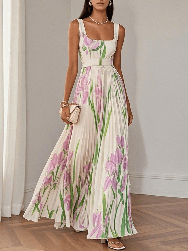 Women's Floral Print Square Neck Sleeveless Pleated Maxi Dress