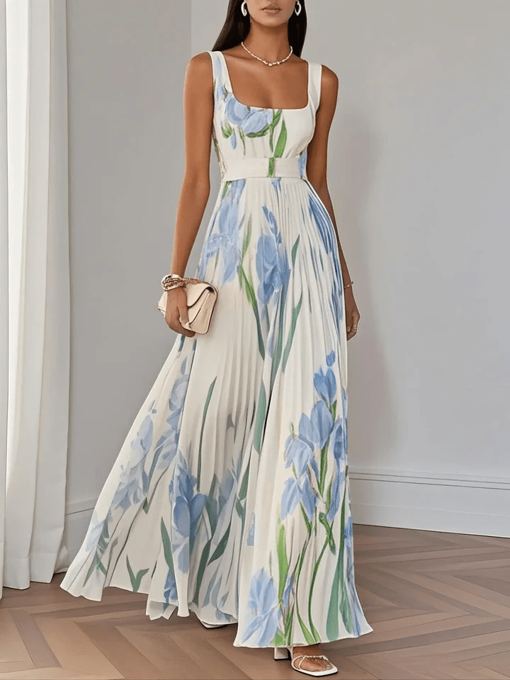 Women's Floral Print Square Neck Sleeveless Pleated Maxi Dress