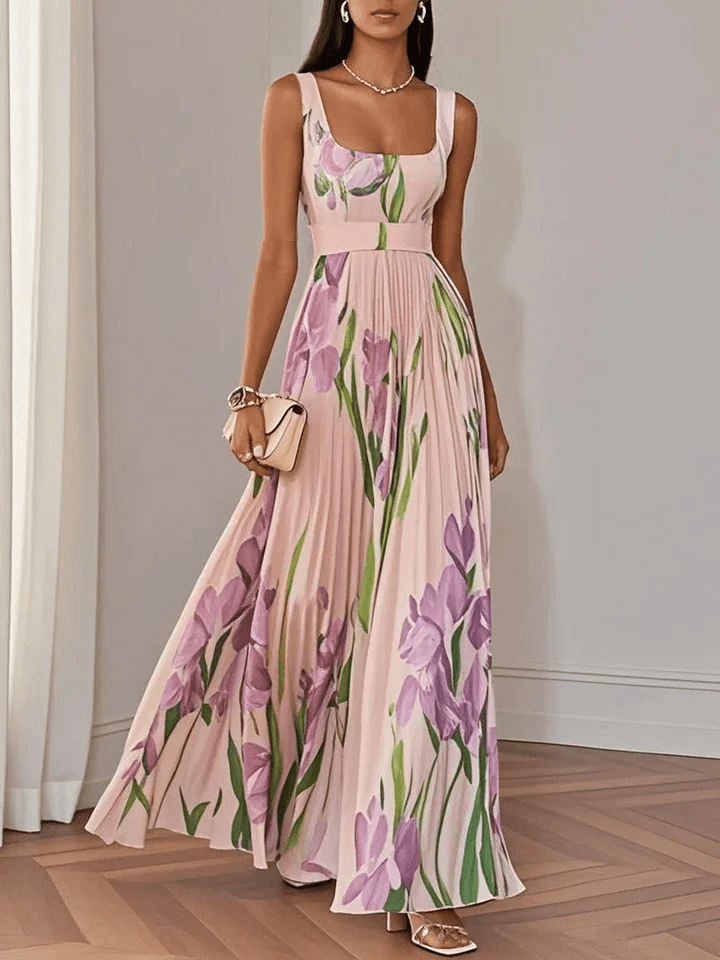 Women's Floral Print Square Neck Sleeveless Pleated Maxi Dress